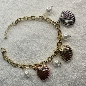 Mixed Metals Shells Charms with Pearls and 14k gold plated bracelet
